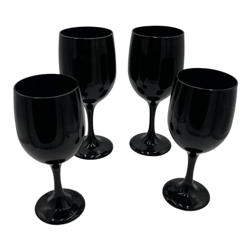 4 Libbey Premiere Black Wine Glasses Set Vintage Elegant Stemware Halloween‎ EUC